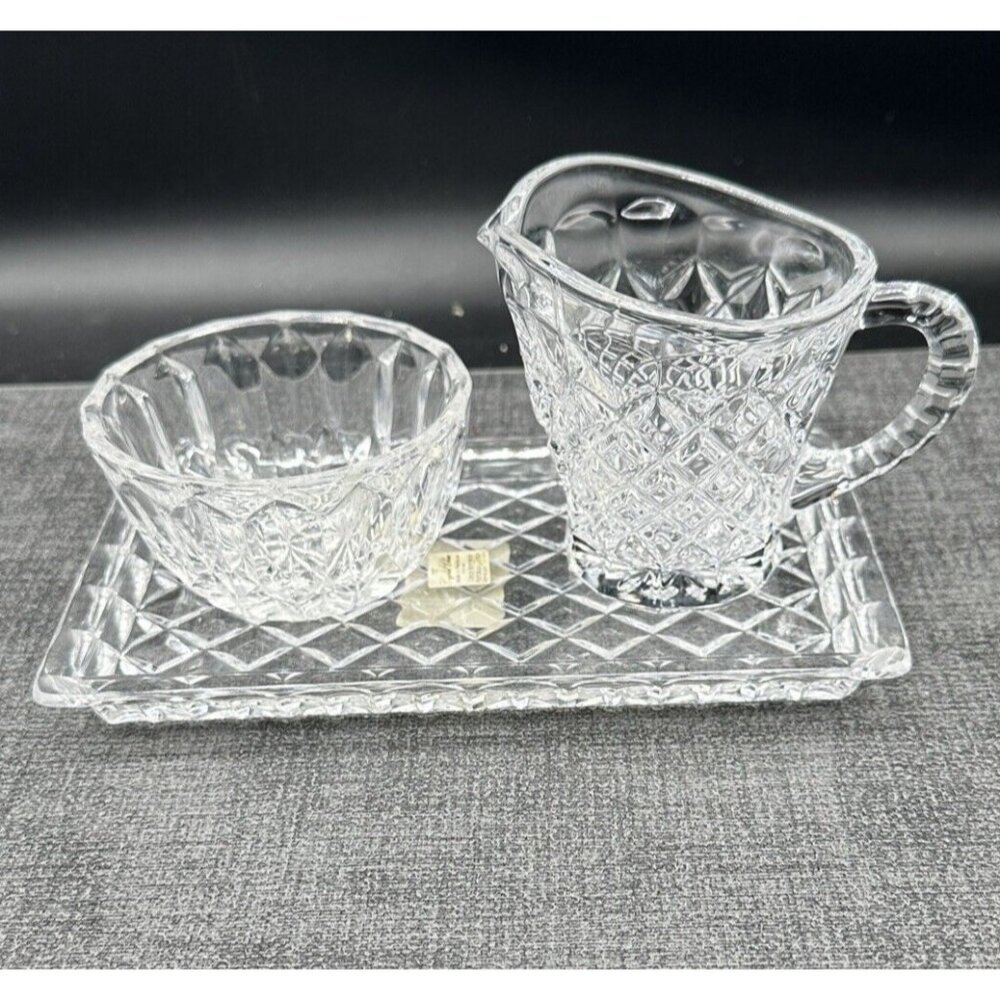 Vtg Creamer & Open Sugar Set Czechoslovakian Bohemia Cut Crystal Diamond Pattern